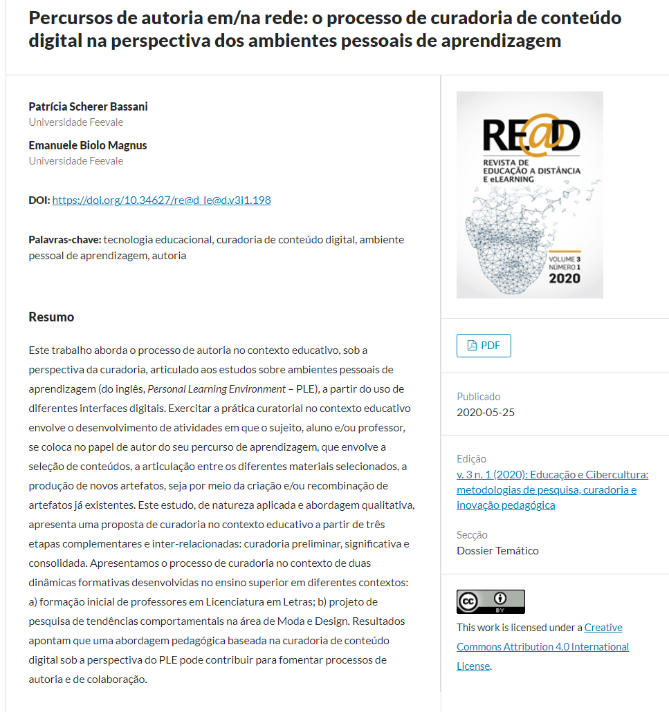Percursos de autoria em/na rede: o processo de curadoria de conteúdo digital na perspectiva dos ambientes pessoais de aprendizagem